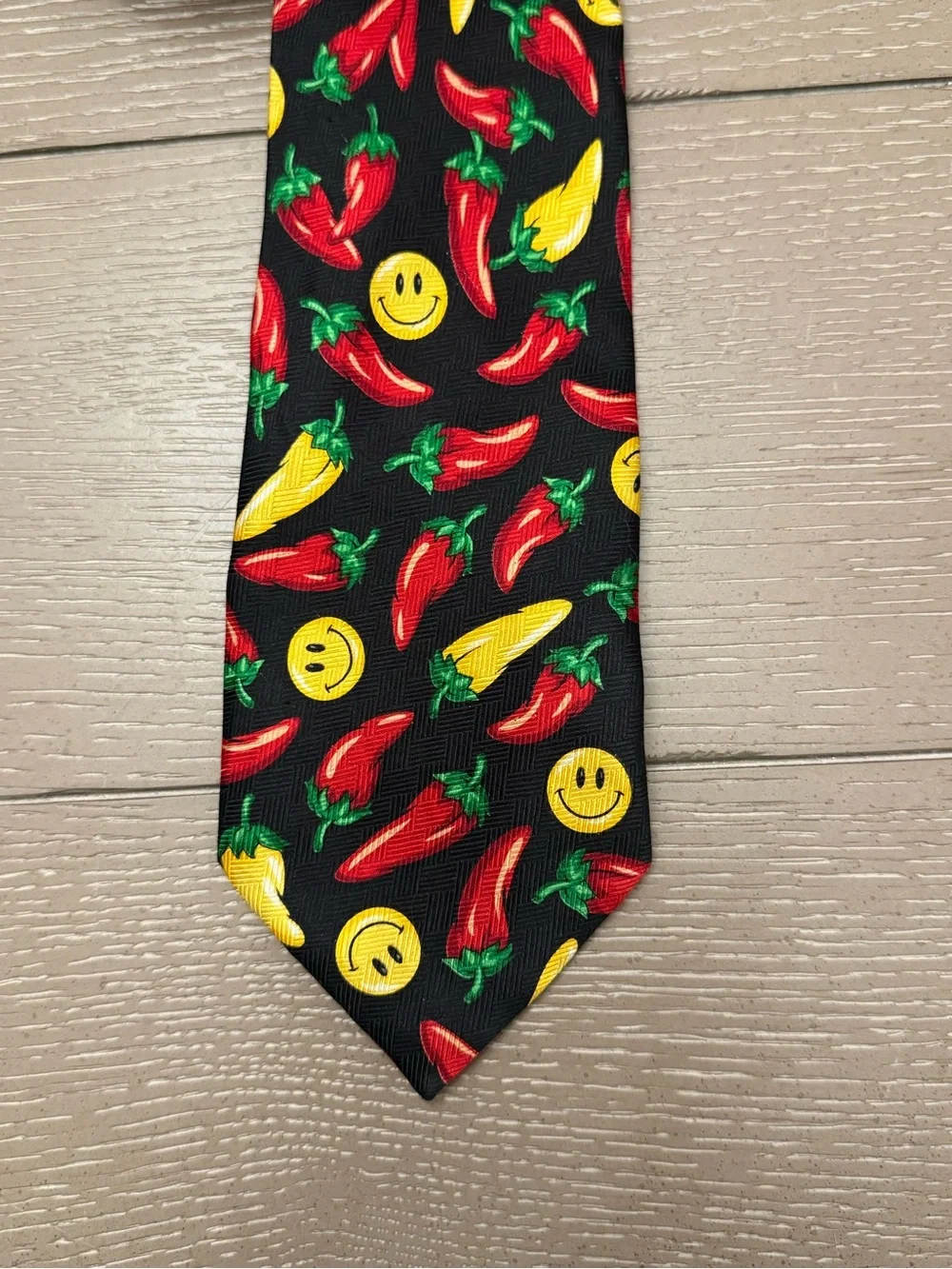 Puritan VintageBlack Tie with Red & Yellow Chili Peppers and Yellow Smiley Faces